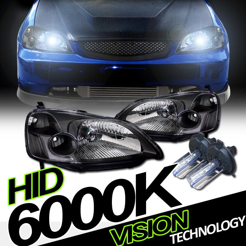 Pair 01-03 civic 2dr/4dr jdm blk housing headlights assembly+h4 6000k xenon hid