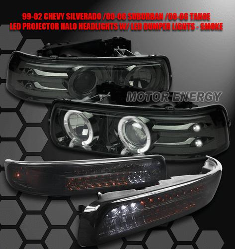 1999-2006 silverado tahoe suburban halo led projector headlight+bumper smoke set