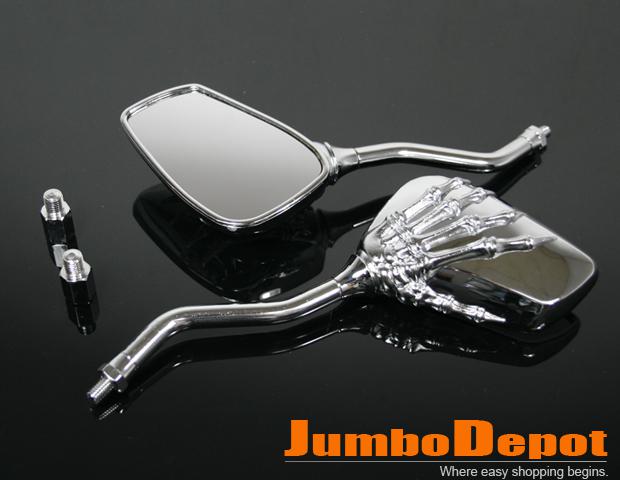 Motorcycle silver rear side view skull mirrors for yamaha 8mm 10mm univesal fits