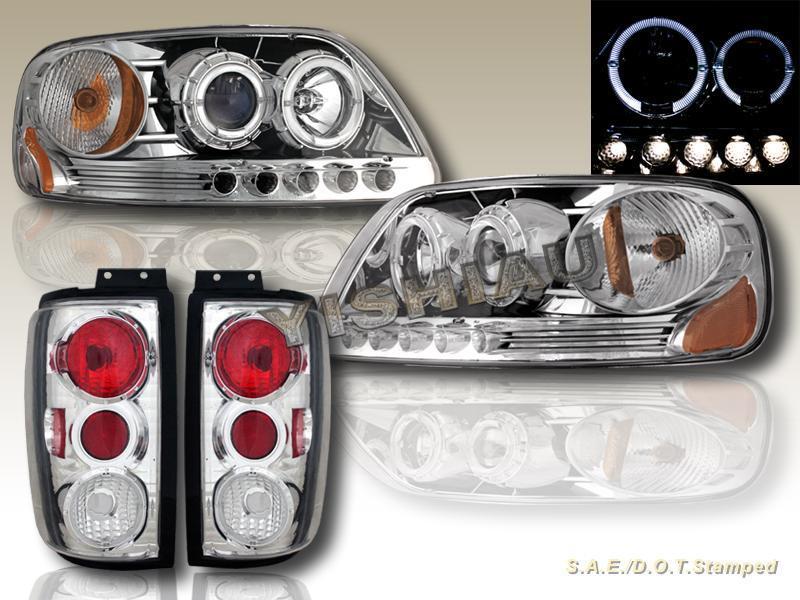 1997-2002 expedition twin halo projector headlights led + tail lights chrome