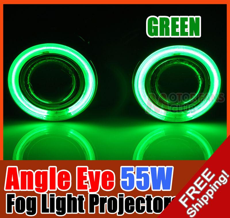 Pair 55w universal halogen fog light projectors + ccfl halo angel eye [green]