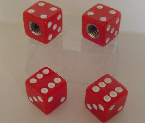 4 custom red "dice" tire valve stem caps for cars, trucks, hotrod ratrod rims 