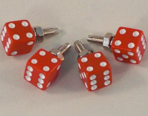 4 real dice "red & white" license plate frame bolts - motorcycle lic tag screws