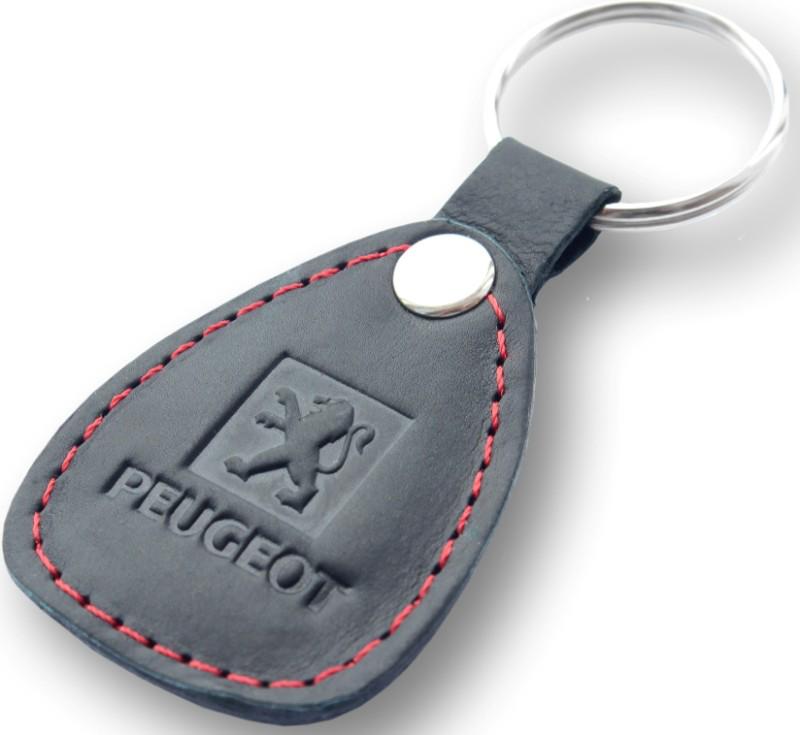 New leather black / red keychain car logo peugeot auto emblem keyring