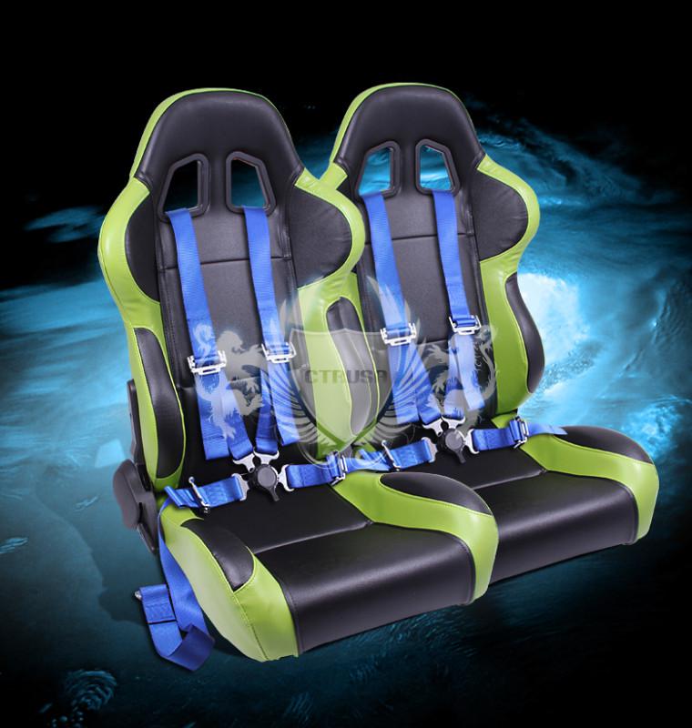 2x black/green jdm pvc leather turino sport racing seats+4-pt blue camlock belts