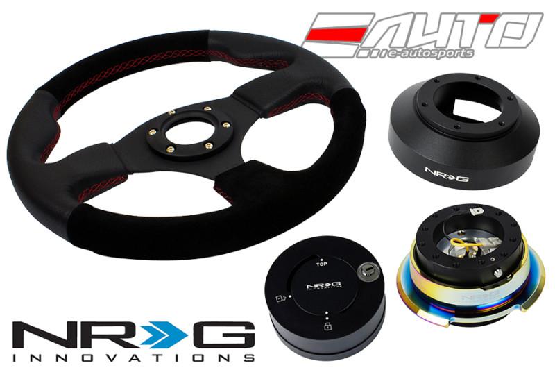 Nrg 320mm race l/ suede red st steering wheel 141h hub 2.8 bkmc release lock mb