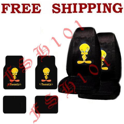 New 6pc set cartoon looney tunes tweety bird seat covers & carpet floor mats