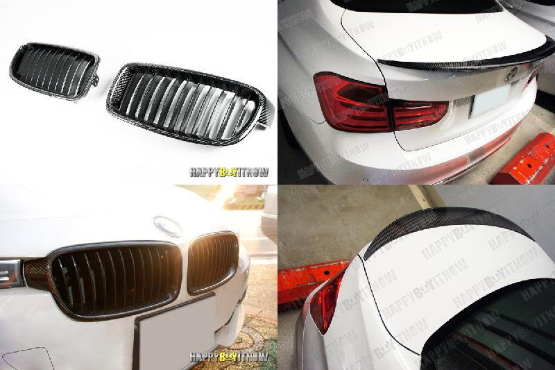 Combo carbon fiber bmw f30 4dr front kidney grill grille & x typ trunk spoiler