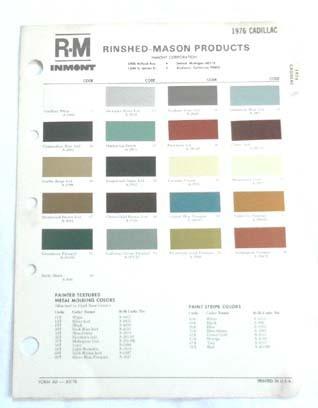 1976 cadillac r-m color paint chip chart all models original 