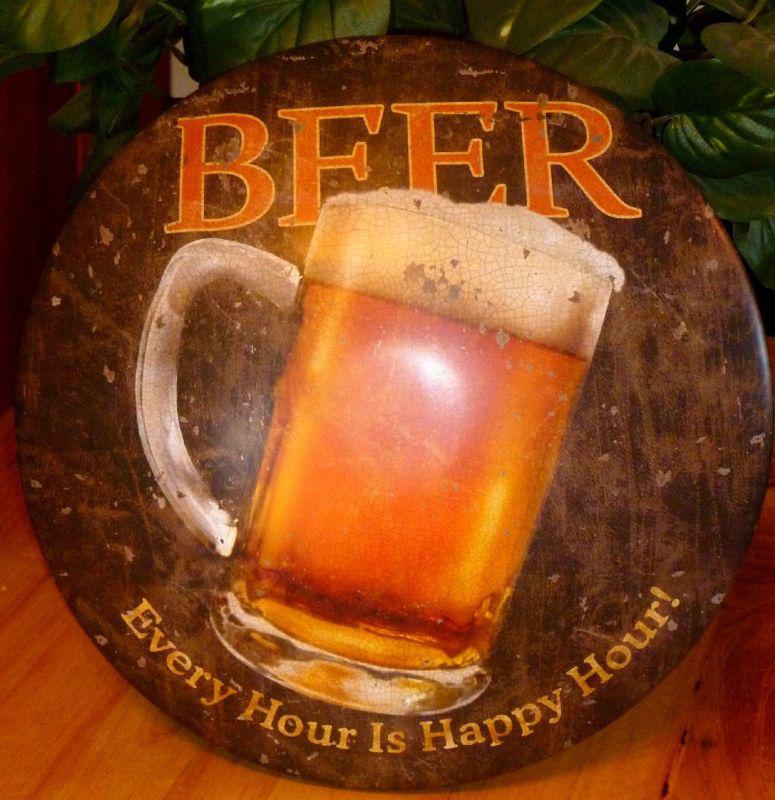 Every hour is happy hour beer metal sign hubcap shape garage mancave