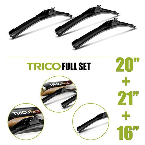 New set of 3 pcs trico force beam wiper blades size: 20" lh, 21" rh, 16" rear