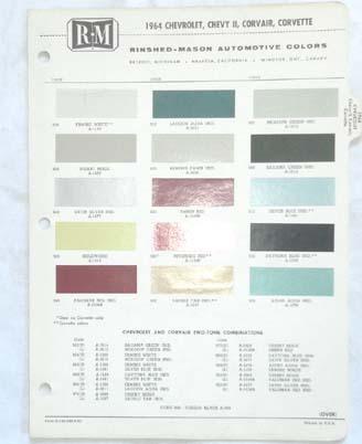 1964 chevrolet r-m   color paint chip chart all models original 