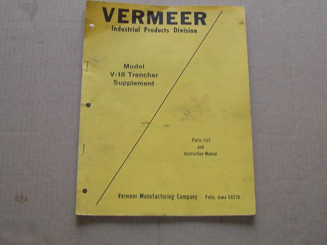 Vermeer model v-18 trencher instruction manual & parts list repair owner's 49 pg