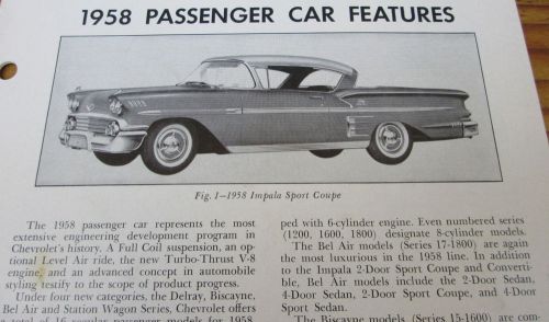 1958 chevrolet bulletin, car, corvette, truck features for 1958, not a  copy