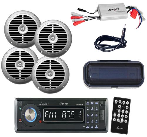 Black marine cd usb bluetooth radio, 800w amp, antenna, cover,4 silver speakers