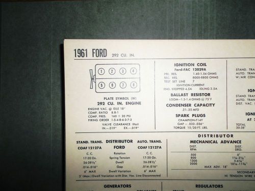 1961 ford series models 292 ci v8 sun tune up chart excellent condition!