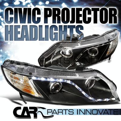 06-11 honda civic 4dr jdm black projector headlight w/ r8 led drl