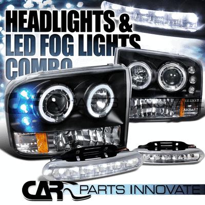 99-04 f250 f350 f450 super duty black halo projector headlights+6-led fog lamps