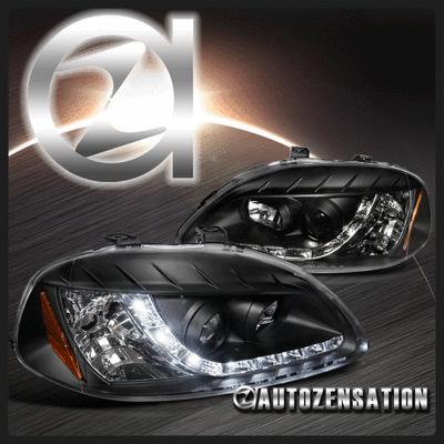 96-98 honda civic black r8 style drl daytime running led projector headlights