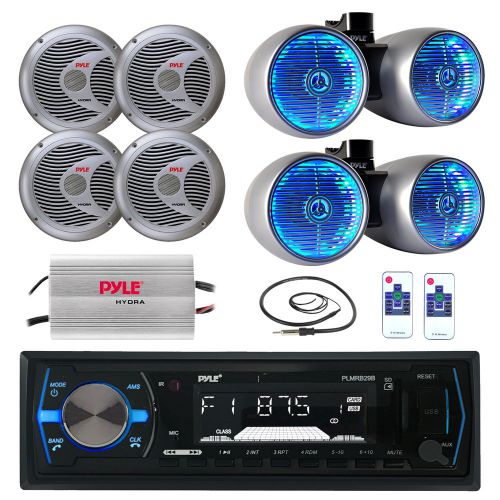 Marine silver led 6.5&#034; tower speaker set,  amp, antenna,bluetooth usb pyle radio