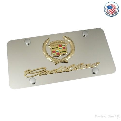 Cadillac gold logo + name polished steel license plate