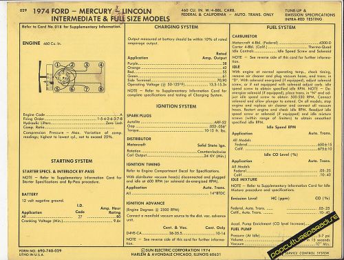 1974 ford mercury lincoln mid- &amp; full-size 460 ci v8 car sun electric spec sheet