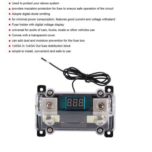 Fuse holder distribution block 1x0ga in 1x4ga out w/digital voltage display for