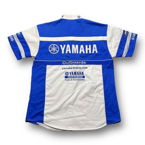 Vintage yamaha racing short sleeve pit snap button mechanic&#039;s shirt blue m obo