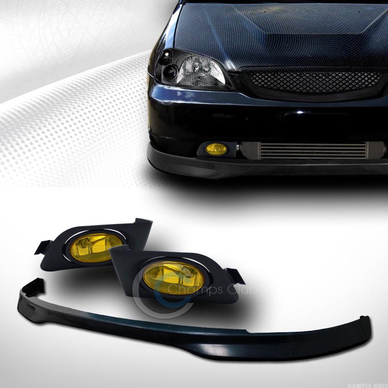 Jdm blk tr front bumper lip kit abs+fog lights lamp yellow 2001-2003 honda civic