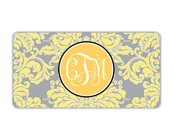 Vanity license plate - yellow and gray damask - monogrammed car tag (9587)