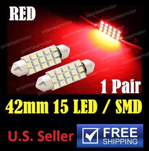 2pcs super red 1.75" 42mm 15-smd 12v dome light led bulbs 211-2 212-2 569 578