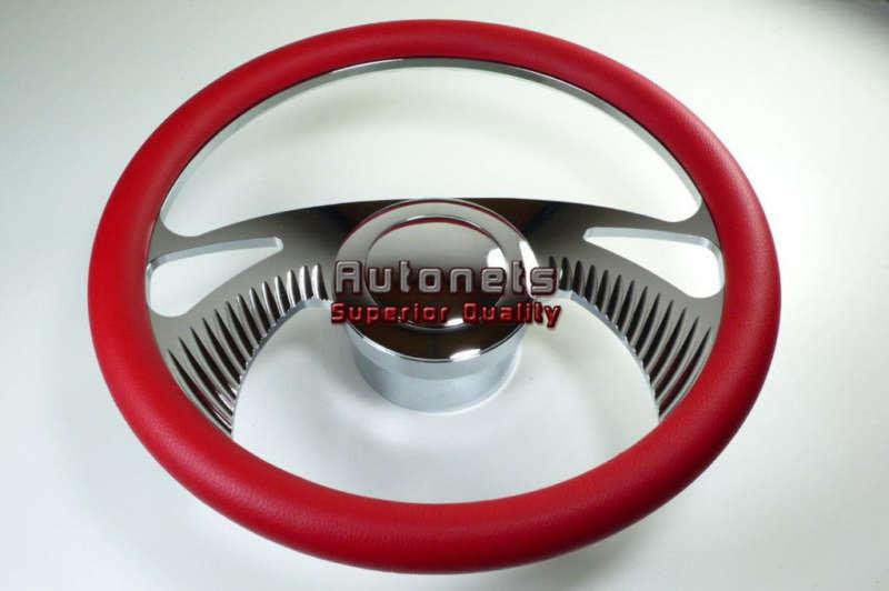 Red leather boomerang chevy gm chrome aluminum steering wheel horn button