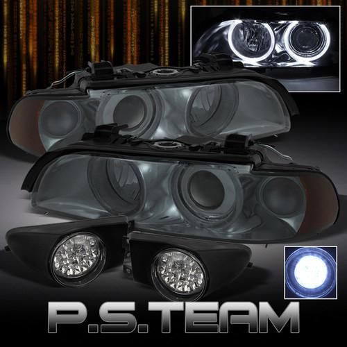 97-00 bmw e39 5-series halo projector smoked headlights+led fog lights w/switch