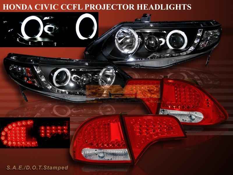 06-11 honda civic 4dr projector headlights halo ccfl g2 blk+ led tail lights red