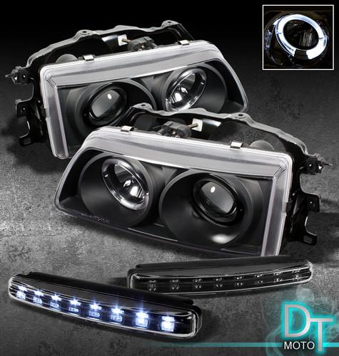 Drl led bumper fog lamps + 88-89 civic crx black halo projector head lights lamp