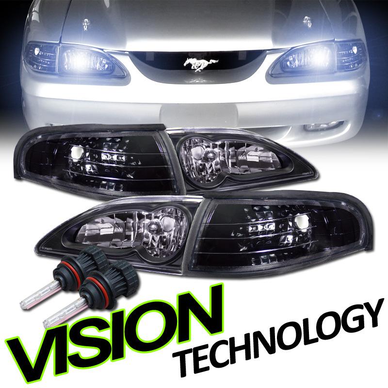 9007 bi-xenon high+low beam hid 94-98 mustang jdm black head lights+corner lamps