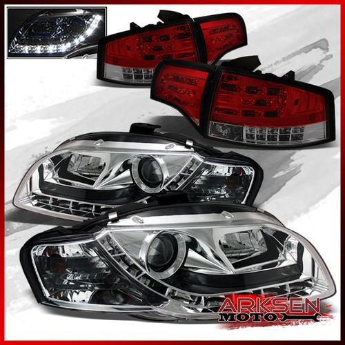 06-08 a4/s4 chrome drl led projector headlights+red smoked led 4pcs tail lights