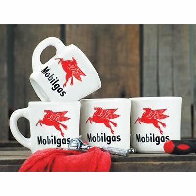 Diner mug set heavy weight white/red/blue four historical mobilgas logos set