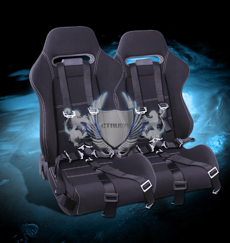 2x  black/white fabric racing bucket seats + 6-pt blk belts camlock strap pair