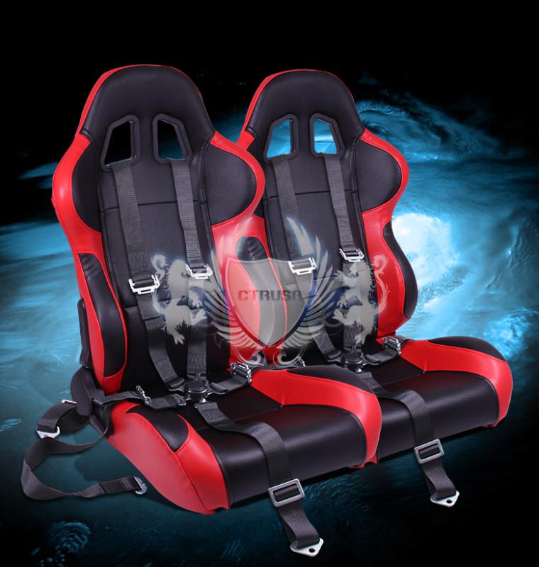 2x jdm f1 black/red racing bucket seats reclinable w/sliders+5-pt camlock belts