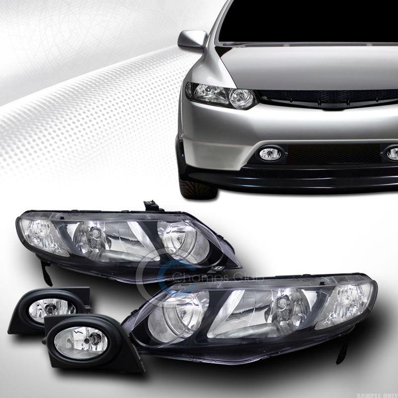 Black head lights dy+fog lamps w/switch clear 06 07 08 honda civic 4d 4dr sedan