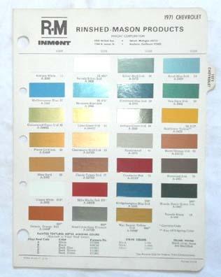 1971 chevrolet r-m color paint chip chart all models original 