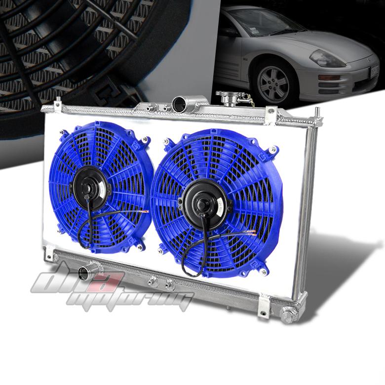 00-05 mit eclipse gt/gts v6 2-row aluminum racing radiator+blue fan+s​hroud kit