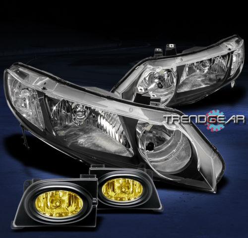 06 07 08 honda civic 4dr crystal jdm black head lights+yellow fog bumper signal