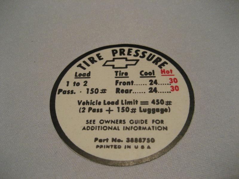 Corvette tire pressure decal for glovebox - gm # 3888750, 1966
