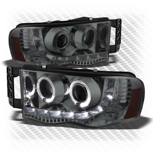 02-05 ram 1500, 03-05 2500/3500 smoked halo projector headlights w/led strip