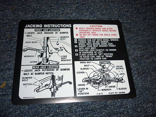 1972 chevrolet monte carlo trunk jack instr decal