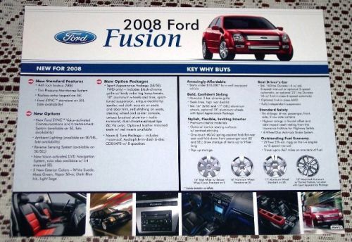 New ford dealer only 2008 ford fusion 2 sided literature brochure hero card!