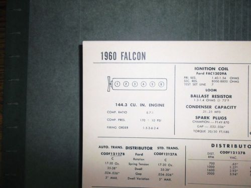 1960 ford falcon 144.3 ci l6 sun electric corp tune up chart super condition!