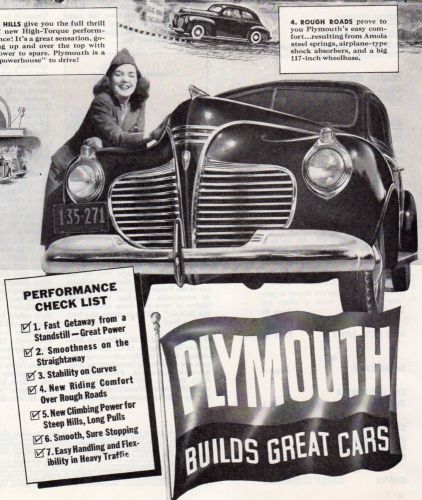 Vintage original 1941 plymouth sedan  advertisement- 10 1/2 &#034; x 13 1/2 &#034;